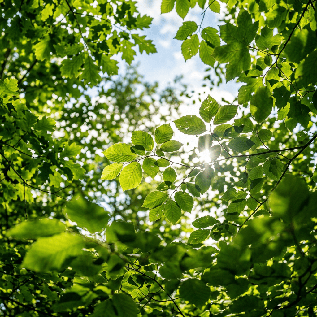 Green leaves illuminated by sunlight under forest canopy